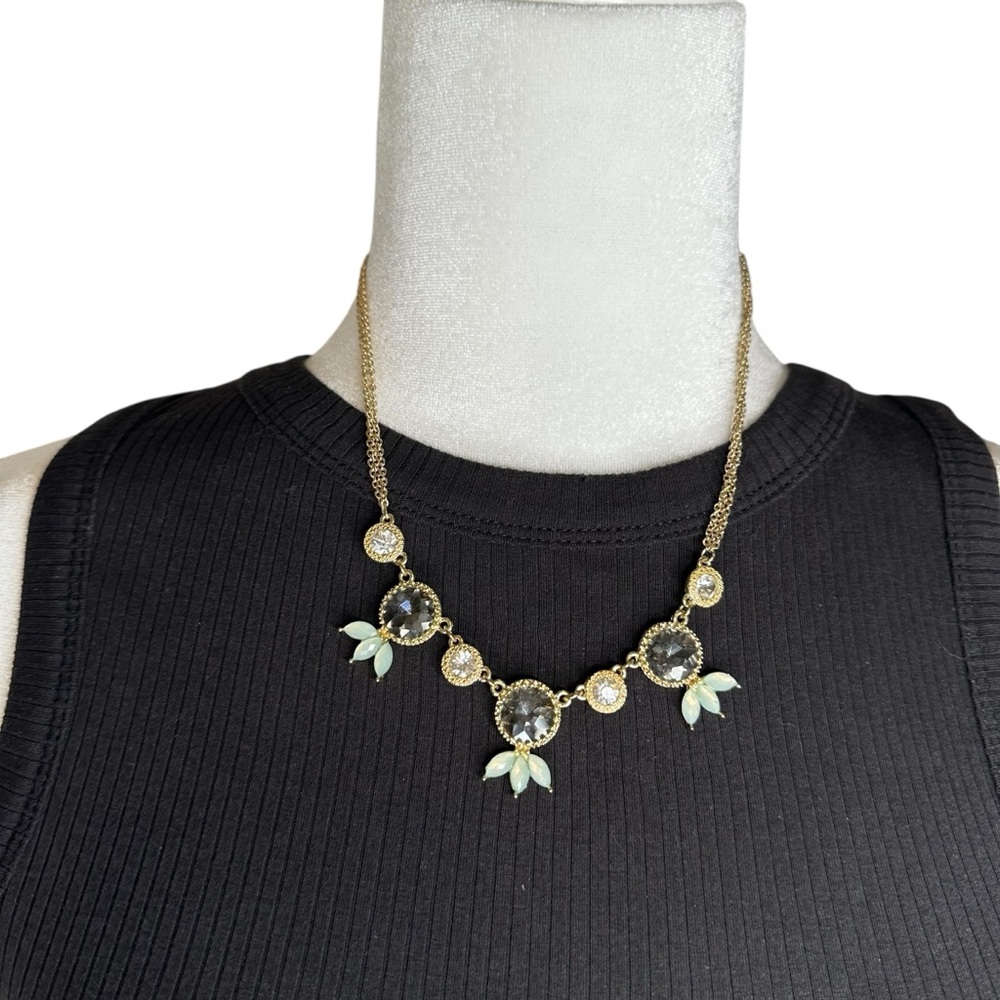 Statement Necklace Gold Tones with charcoal grey, white stones and teal accents